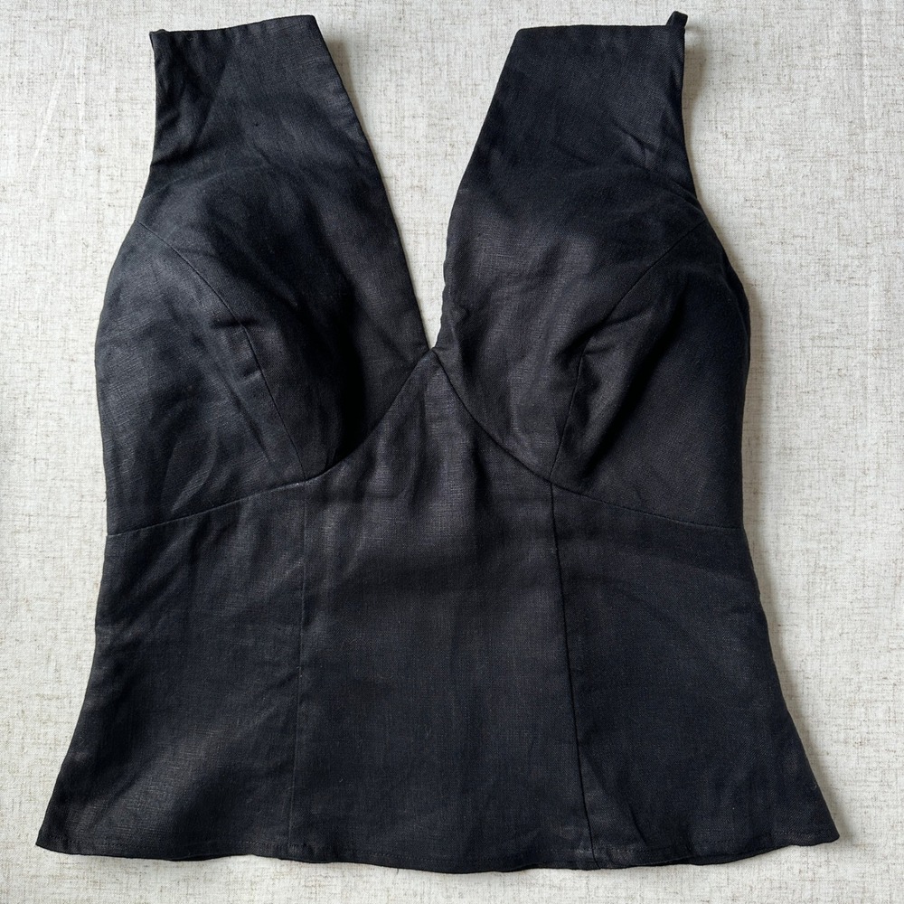 Reformation Evette Linen Top Deep V Black LBT 6 - Picture 5 of 9